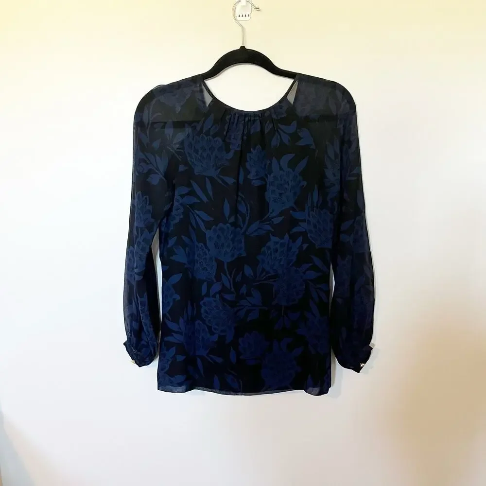 Tory Burch black blue floral silk long sleeve blouse women‎ size 2